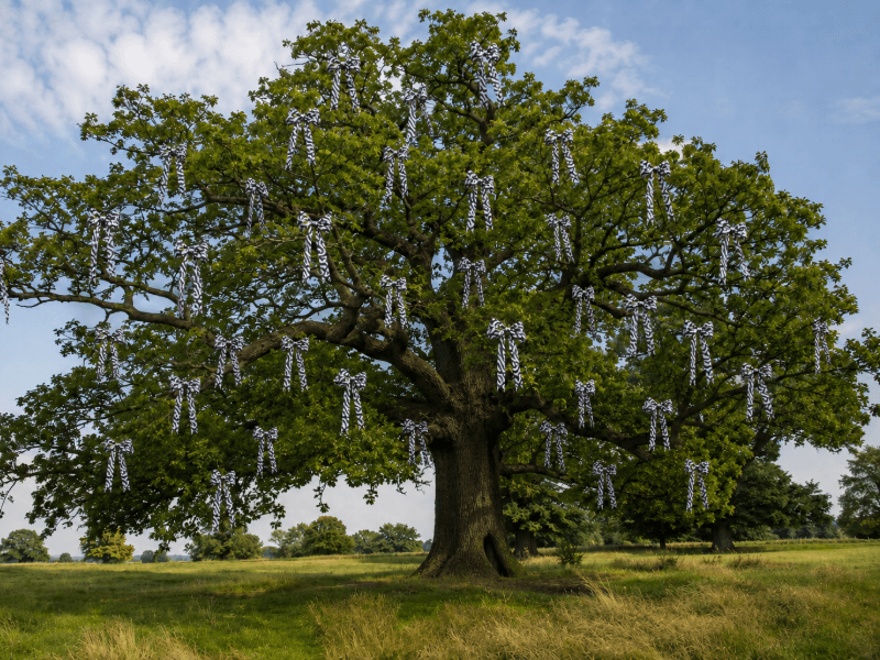 Large tree covered with zebra print ribbons