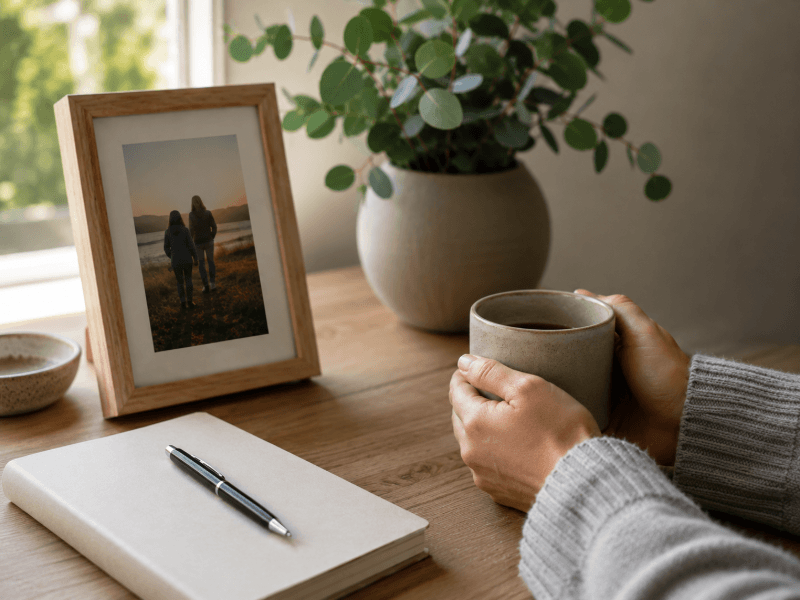 Person sitting with hot drink in front of a photo, notepad and pen
